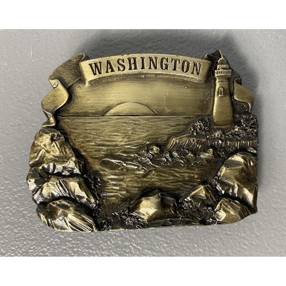 Washington State Belt Buckle Lighthouse Scene Bergamot Brass Works USA 1978 VTG